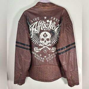 Affliction Faux Leather Brown Motorcycle Crossbones Acoustic Jacket 2XL NWT